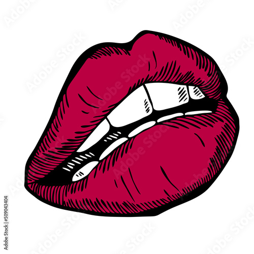 Sexy woman lips with glossy lipstick. Open mouth with beautiful teeth talking, laughing, smiling, kissing. Hand drawn colorful realistic isolated illustration. Old style drawing.