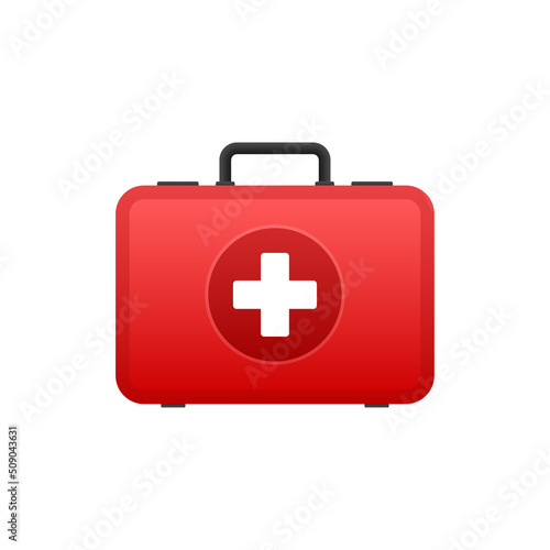 Cartoon icon with red first aid on white background for medical design. Flat vector illustration
