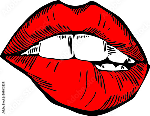 Sexy lips emotions. Beautiful woman mouth silhouette drawing. Pin up vintage style. Isolated fashion vector illustration. Kissing lips. For cosmetic make up products or beauty salon logo.