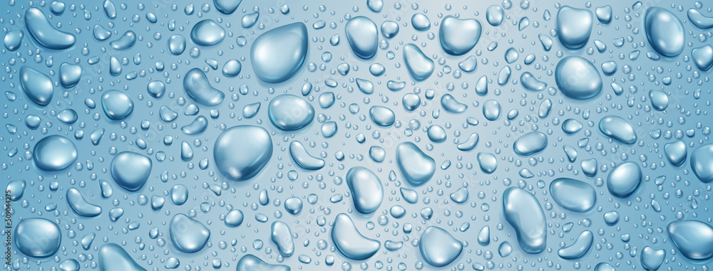 Background of big and small realistic water drops in light blue colors