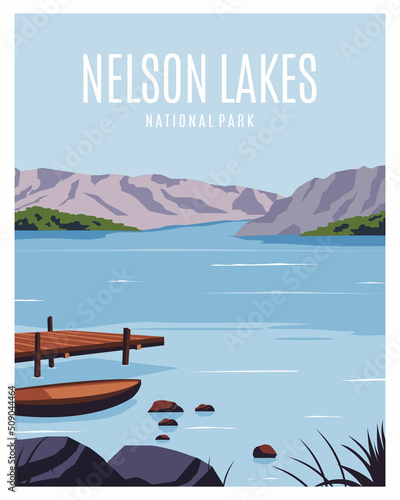 Nelson Lake National Park landscape background. travel to New Zealand. illustration with minimalist style for poster, postcard, art print.