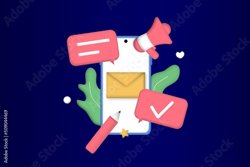 Email marketing template. Digital marketing, e-commerce, social media marketing, business mail, subscribe. 3d vector illustration concept for website and mobile development. Minimalist cartoon style.