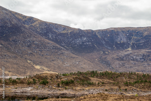 Landscaped view of the rugged rocky terrain of the Scottish highlands in central Scotland