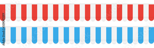 Canopy set. Red and blue tent on white background. Wide striped umbrella. Store awning. Canopy template for cafe or hotel. Vector illustration