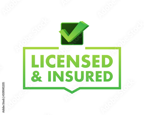 licensed and insured vector icon with tick mark. Green in color vector icon