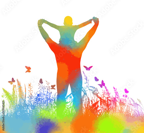 Colorful silhouettes of dad and son together. Vector illustration