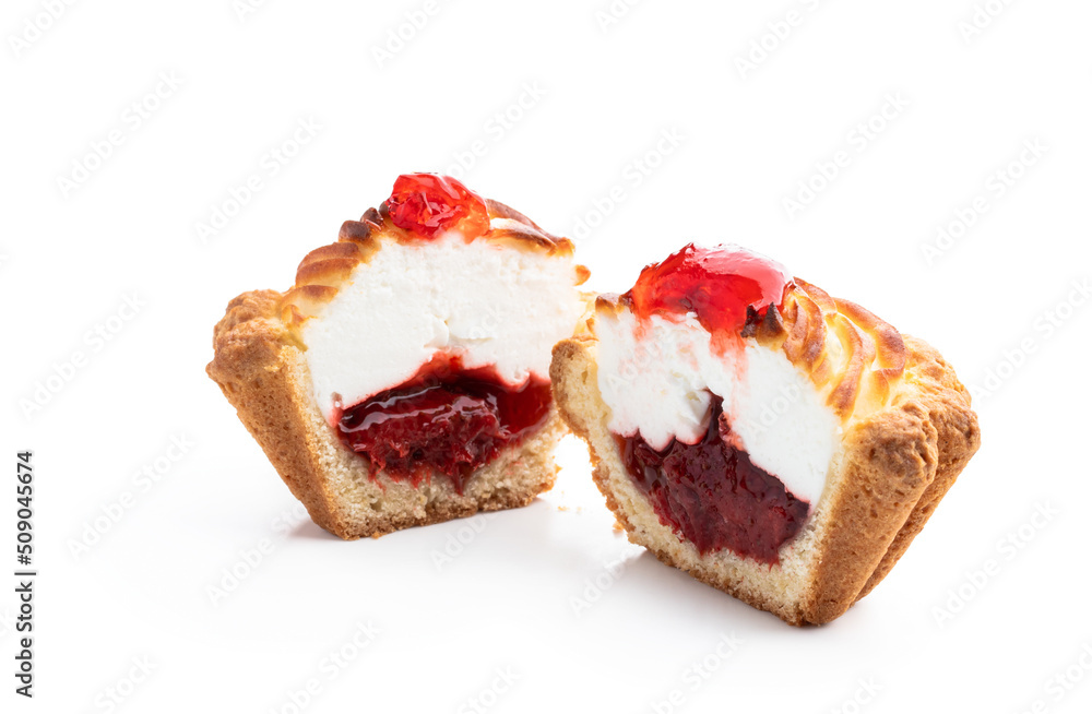 Homemade delicious tart filled with jam isolated on white