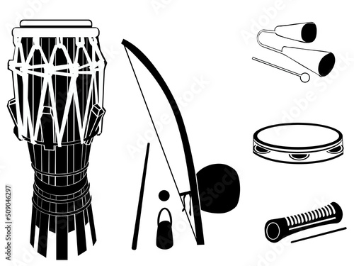 Set of musical instruments used in Brazilian sport music called Capoeira atabaque, berimbau, caxixi, agogo, tambourine and reco-reco. Vector illustration used on white background