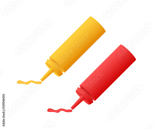 Red ketchup and yellow mustard bottle on white background. Vector illustration design. Isolated cartoon vector illustration