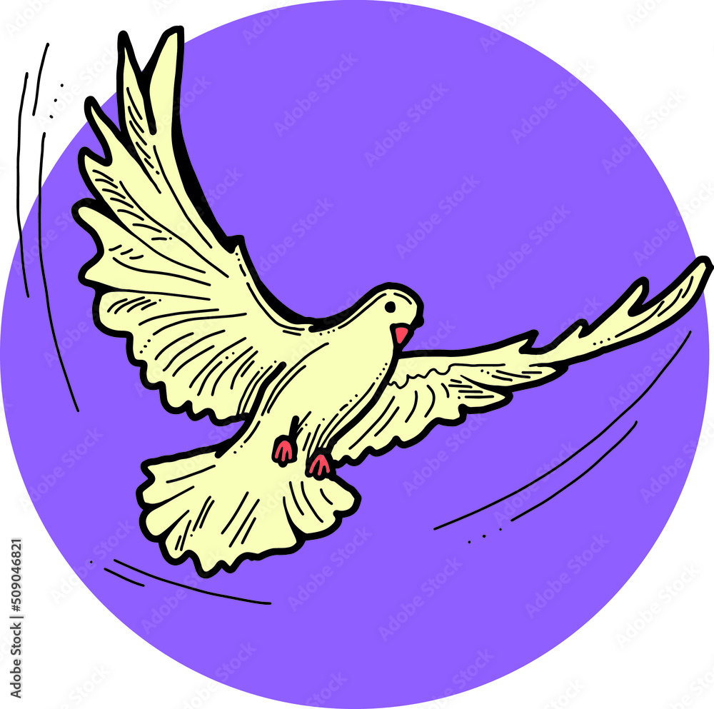 Obraz premium White dove is symbol of peace, hope, love in the world. Flying pigeon like holy spirit brings freedom, joy, grace. Hand drawn retro vintage vector illustration. Old style comics cartoon line drawing.
