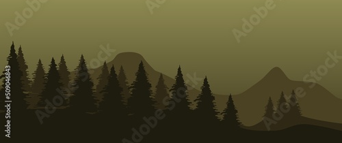 Mountain layers landscape with pine forest vector illustration can be used for background, desktop background, wallpaper, screensaver, website background, website banner, nature trip adventure banner. © Izzul Khaq