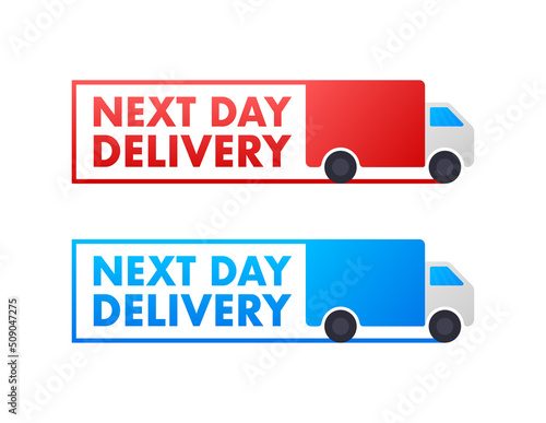 Flat set with red next day delivery on white background for promo design. Business vector icon
