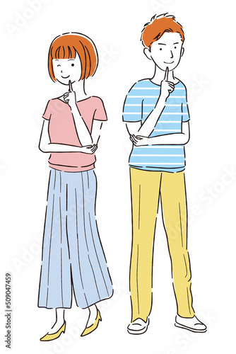 線画カラーイラスト　大学生　男女　夏服　内緒