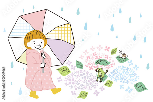 線画カラーイラスト 　梅雨を楽しむ女の子