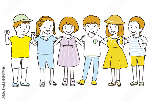 線画カラーイラスト 夏服で笑顔でガッツポーズのこどもたち