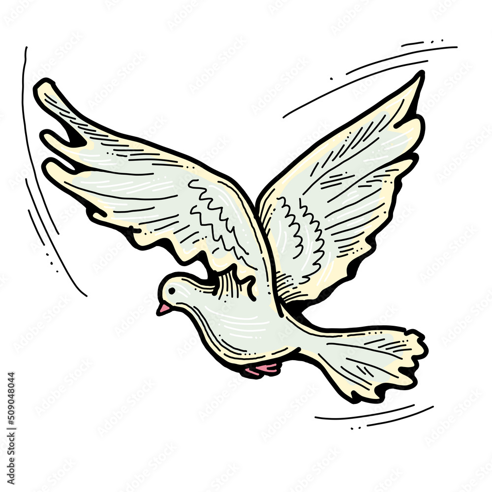 White dove is symbol of peace, hope, love in the world. Flying pigeon like holy spirit brings freedom, joy, grace. Hand drawn retro vintage illustration. Old style comics cartoon line drawing. White dove is symbol of peace, hope, love in the world. Flying pigeon like holy spirit brings freedom, joy, grace. Hand drawn retro vintage illustration. Old style comics cartoon line drawing.
