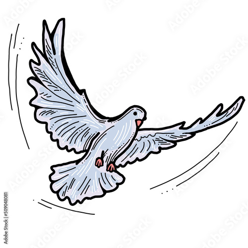Fototapeta Naklejka Na Ścianę i Meble -  White dove is symbol of peace, hope, love in the world. Flying pigeon like holy spirit brings freedom, joy, grace. Hand drawn retro vintage illustration. Old style comics cartoon line drawing.
