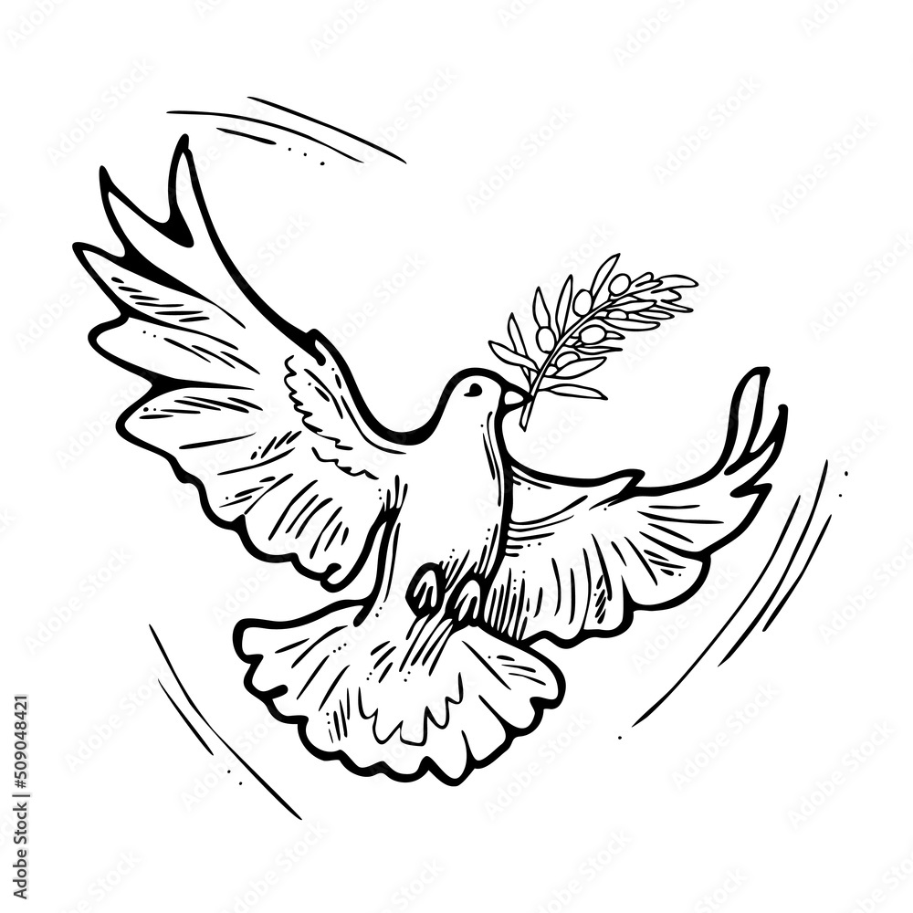 Obraz premium Dove of peace flying with green olive branch. White pigeon is holly spirit, love, freedom. Bird and plant are nature elements. Hand drawn retro vintage illustration. Old style comic cartoon drawing. 
