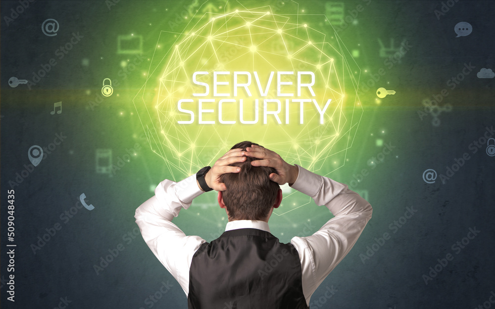Rear view of a businessman, online security concept Rear view of a businessman, online security concept