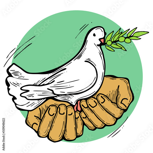White dove of peace in our hands. Two palms care for peaceful world. Lives matter. Anti war symbol. Sign of love, hope, freedom. Hand drawn retro vintage illustration. Old style cartoon drawing.