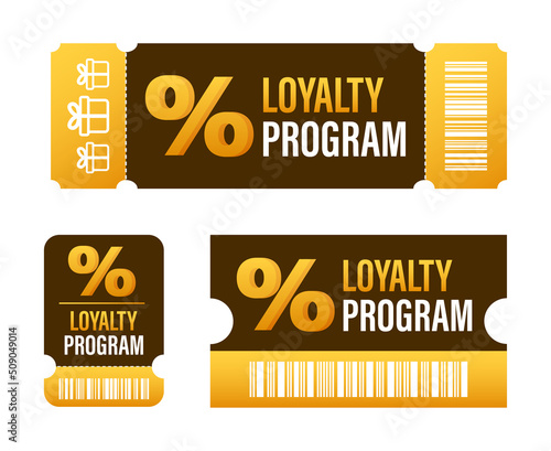 Loyalty program in flat style. Discount coupon. 3d coupon reward. Discount, loyalty program, promotion