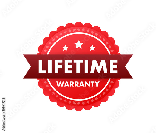 Flat banner with red lifetime warranty. Flat vector illustration character