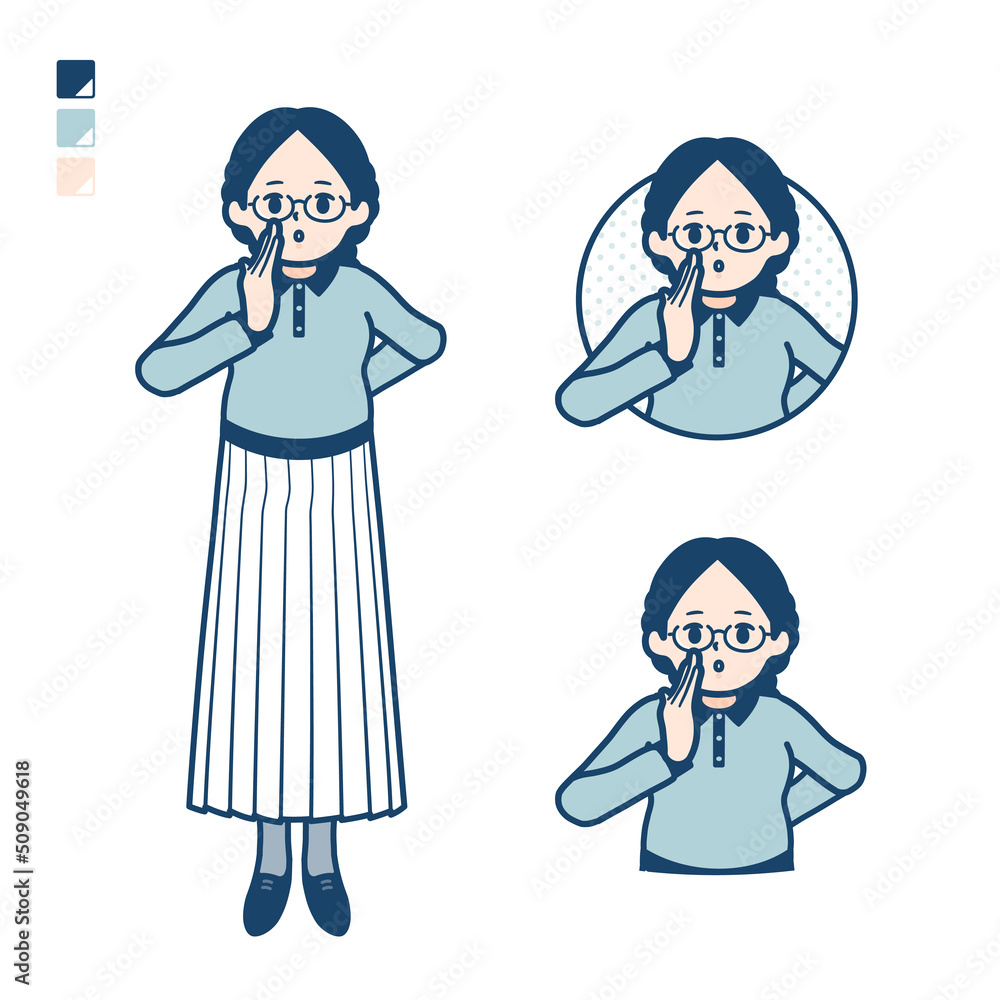 眼鏡をかけた女性が小声でささやいているイラスト 眼鏡をかけた女性が小声でささやいているイラスト