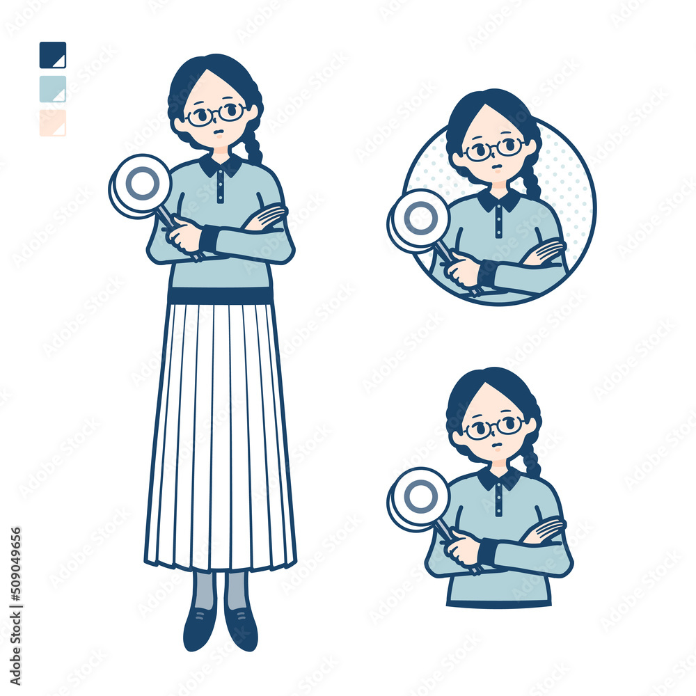 眼鏡をかけた女性が回答を考えるイラスト 眼鏡をかけた女性が回答を考えるイラスト