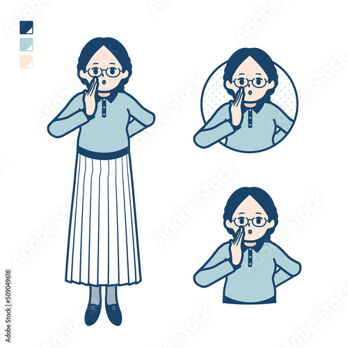 眼鏡をかけた女性が小声でささやいているイラスト