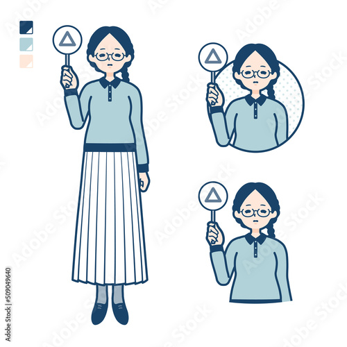 眼鏡をかけた女性が三角印パネルを出すイラスト