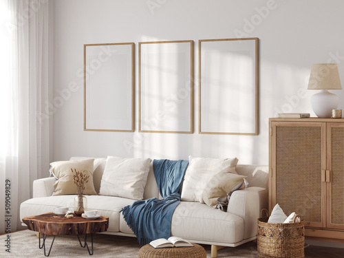 Frame & poster mockup in Boho style interior. 3d rendering, 3d illustration	