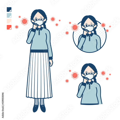 眼鏡をかけた女性がマスクをつけてせきこんでいるイラスト
