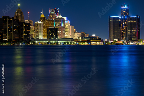 Detroit skyline and Detroit River viewed from Windsor, Ontario. photo