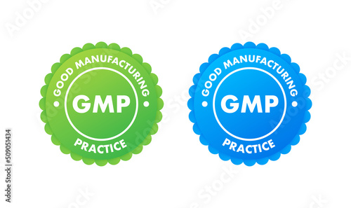 GMP Good Manufacturing Practice certified round stamp. Vector background. Vector logo.