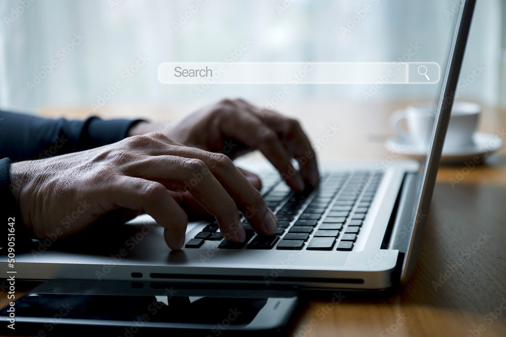Man hand use laptop search bar connect to social media and social network Online marketing concept, new technology and business process strategy, automate operation Man hand use laptop search bar connect to social media and social network Online marketing concept, new technology and business process strategy, automate operation