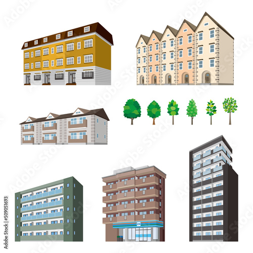 様々な建物のパースイラスト. 建物の外観.