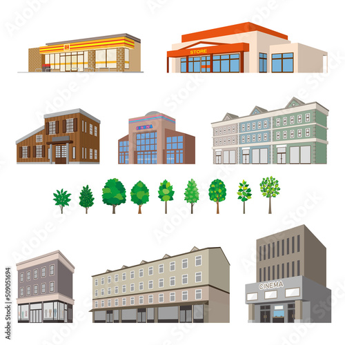 様々な建物のパースイラスト. 建物の外観.