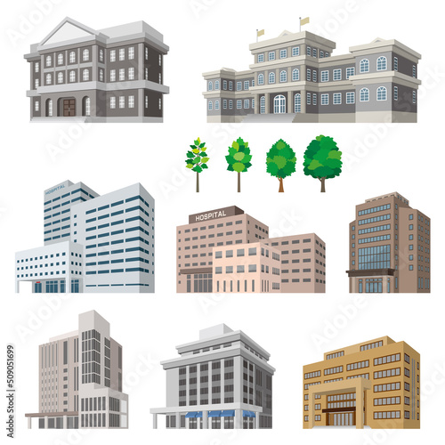 様々な建物のパースイラスト. 建物の外観.