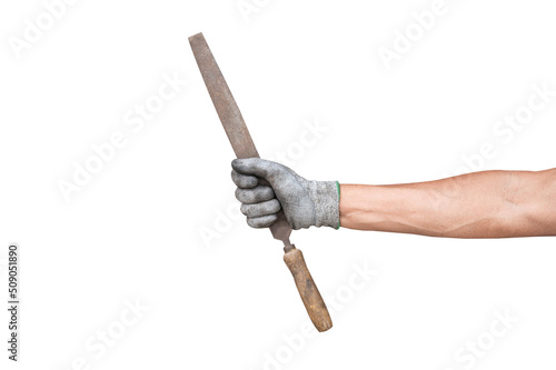 Hand holding a steel Old rusty file (rasp), isolated on white background. photo
