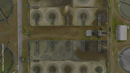 Birds eye shot of waste water mixed in sedimentation tanks. Wastewater treatment technology. Port Elisabeth, South Africa