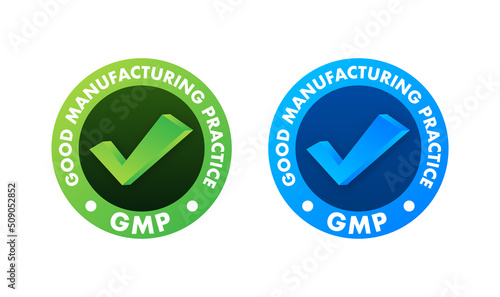 GMP Good Manufacturing Practice certified round stamp. Vector background. Vector logo.
