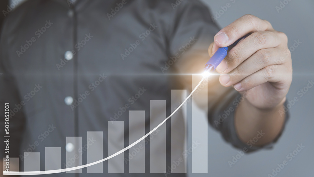 ฺBusiness growth concept, business people touch marketing graph on visual screen, Technology business. ฺBusiness growth concept, business people touch marketing graph on visual screen, Technology business.