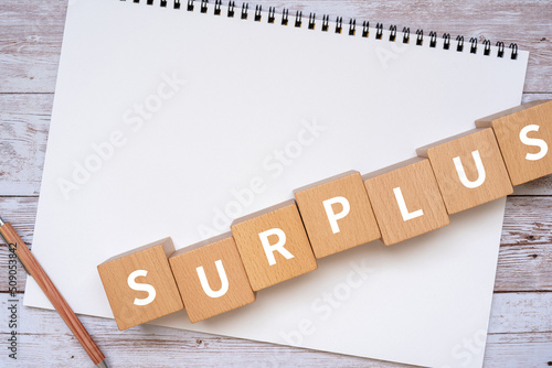 Bild auf Leinwand 余剰・余分のイメージ｜「SURPLUS」と書かれたブロック、ノート、ペン