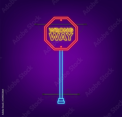 Red wrong way. Neon icon.Cartoon flat vector illustration