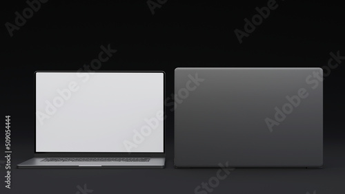 Elegant Laptops Mockup Front and Back. 3D render, dark background, modern design.