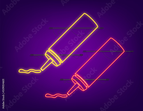 Red ketchup and yellow mustard bottle on white background. Neon illustration design. Isolated cartoon vector illustration