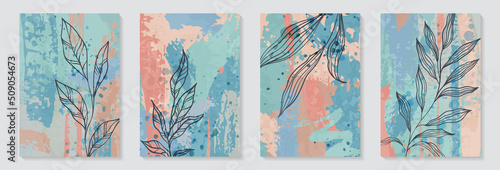 Creative minimalist hand painted Abstract art background with watercolor stain and Hand Drawn doodle Scribble floral plants. Design for wall decoration, postcard, poster or brochure