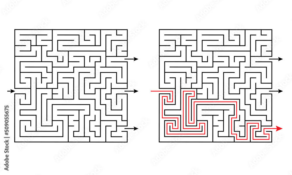 Maze labyrinth educational logic game for kids with several exits and solution. Challenging puzzle for montessori school Maze labyrinth educational logic game for kids with several exits and solution. Challenging puzzle for montessori school