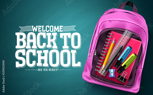 Back to school text vector design. Welcome back to school text with school bag, notebook, ruler and pencil elements in chalkboard background. Vector Illustration.
