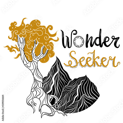 Hand painted lettering phrase "wonder seeker". Boho logo in asian style with mountains and tree.